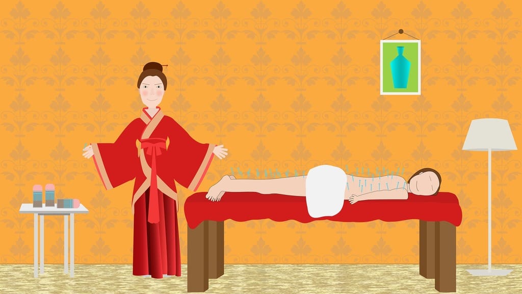 cartoon of chinese acupuncturist and woman receiving acupuncture