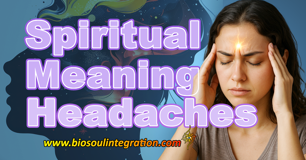 Woman with eyes closed and fingers on forehead, spiritual meaning of headaches