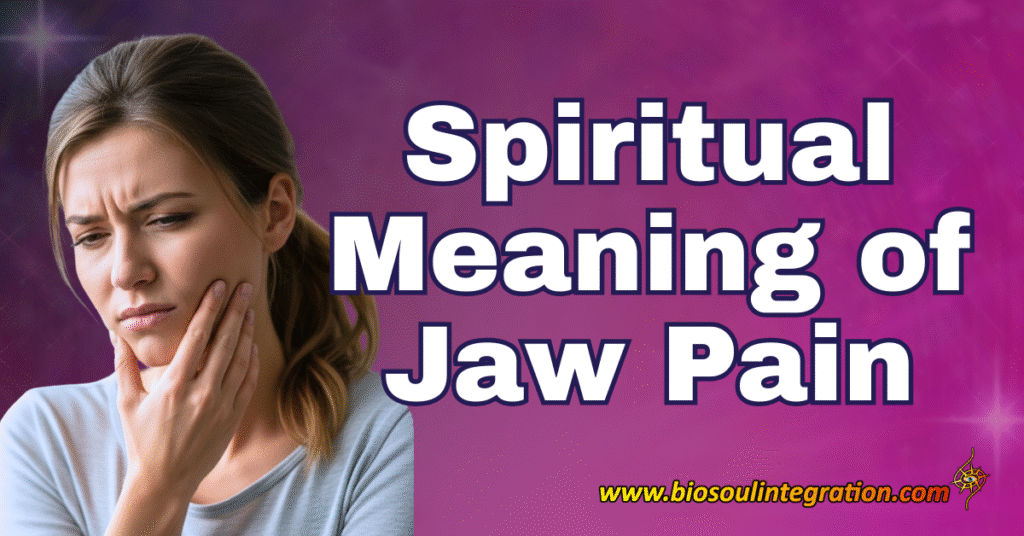 A stressed woman having a jaw pain, background indicates she's exploring spiritual meaning of jaw pain