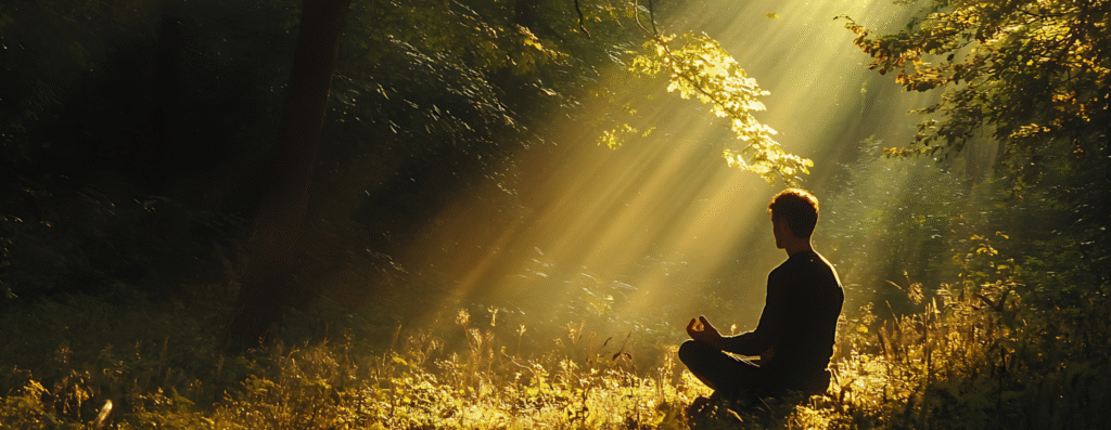 a man meditating in the forest
