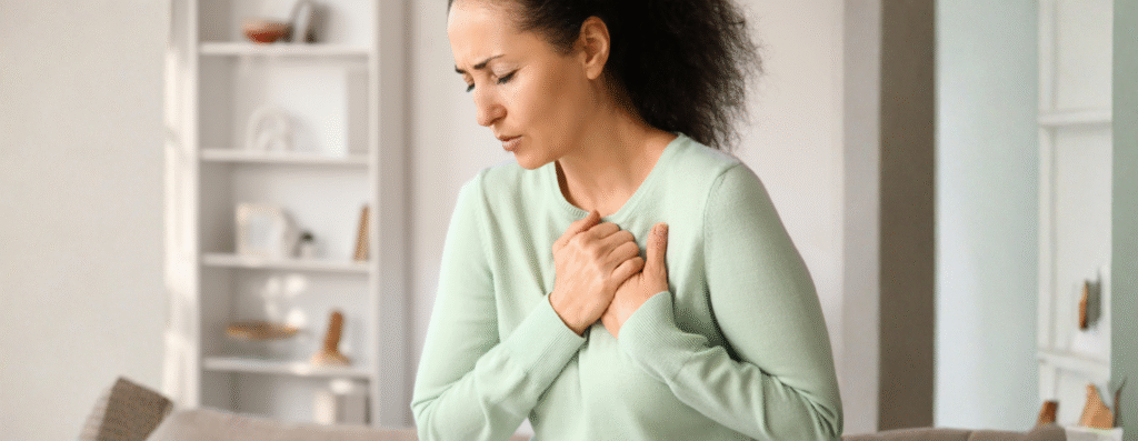 A woman clenching her chest